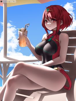 1girl absurdres artist_name beach_chair beach_umbrella black_one-piece_swimsuit blue_sky bob_cut breasts chair chest_jewel closed_mouth commentary_request completion_time core_crystal_(xenoblade) crossed_legs cup drink drinking_straw earrings feet_out_of_frame gem green_gemstone highres holding holding_cup holding_drink jewelry large_breasts looking_at_viewer on_chair one-piece_swimsuit pyra_(pro_swimmer)_(xenoblade) pyra_(xenoblade) red_eyes red_hair riro_(breakthrough_rr) short_hair sidelocks sitting sky smile solo swept_bangs swimsuit table tiara turtleneck turtleneck_one-piece_swimsuit twitter_x_logo umbrella xenoblade_chronicles_(series) xenoblade_chronicles_2