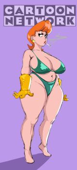 1girl arms_at_sides barefoot bikini black_eyes breasts cartoon_network cigarette cleavage dexter&#039;s_laboratory dexter&#039;s_mom earrings feet female_focus full_body gloves green_bikini groin highres huge_breasts jewelry legs looking_at_viewer mature_female navel no_toes orange_hair purple_background short_hair simple_background smoking solo standing stud_earrings swimsuit thick_thighs thighs ultivlad