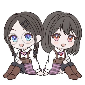 Rule 34 | 2girls, :d, assault lily, black bow, black hair, black pantyhose, black thighhighs, blue eyes, blush, boots, bow, braid, brown boots, chibi, collared shirt, commentary request, corset, full body, grey-framed eyewear, hair bow, hair ornament, hairclip, hand on own knee, hasegawa gabriella tsugumi, holding hands, jewelry, knee boots, knees up, long sleeves, looking at viewer, low twin braids, low twintails, ludvico private girls' academy school uniform, matsunaga brigitta kayo, medium hair, miniskirt, multiple girls, necklace, open mouth, pantyhose, parallel hairclips, pendant, pickles (picpicpickles), pink skirt, plaid clothes, plaid skirt, red eyes, round eyewear, school uniform, shirt, simple background, sitting, skirt, smile, suspenders, thighhighs, twin braids, twintails, underbust, white background, white shirt