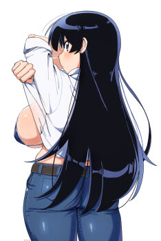 1girl absurdres arato_nagi ass backboob belt bikini bikini_under_clothes black_bikini black_hair blue_eyes blue_pants blush breasts closed_mouth clothes_lift cowboy_shot denim earrings from_behind highres huge_breasts jeans jewelry lifting_own_clothes long_hair looking_at_viewer looking_back pants ruri_no_houseki shirt shirt_lift simple_background solo standing stud_earrings swimsuit undressing very_long_hair white_background white_shirt ylong
