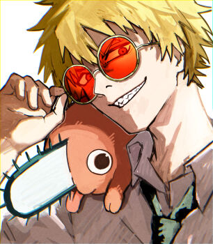 1boy black_necktie blonde_hair chainsaw chainsaw_man denji_(chainsaw_man) grin highres kawausotrpg looking_at_viewer male_focus necktie pochita_(chainsaw_man) red-tinted_eyewear round_eyewear sharp_teeth shirt short_hair simple_background smile sunglasses teeth tinted_eyewear tongue tongue_out white_background white_shirt