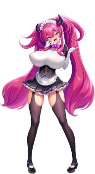 1girl absurdres akagi_rio apron black_horns black_shoes black_thighhighs blue_flower blue_rose blush bow bowtie breasts brooch collar_jewel curved_horns dragon_girl dyzenia_dracour fang femme_de_menage_maid_academy_school_uniform flower footwear_flower full_body game_cg garter_straps gem gloves highres horns huge_breasts jewelry long_hair looking_at_viewer maid maid_apron maid_headdress mesugaki motto!_haramase!_(series) motto!_haramase!_honoo_no_oppai_isekai_oppai_maid_gakuen! naughty_face non-web_source official_art open_mouth pink_bow pink_bowtie pink_hair purple_eyes purple_gemstone raised_inner_eyebrows rose school_uniform shoes skindentation smile smug standing tachi-e teasing thighhighs transparent_background twintails very_long_hair waist_apron white_gloves