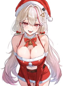 1girl :p absurdres bare_shoulders bell belt belt_buckle blonde_hair blush bow bowtie breasts buckle cleavage collarbone commentary commentary_request cowboy_shot ear_piercing elbow_gloves facial_mark fur-trimmed_gloves fur-trimmed_headwear fur-trimmed_skirt fur_collar fur_trim gloves goddess_of_victory:_nikke hair_ornament hair_ribbon hat heart highres jackal_(nikke) kunimoto_rikuya large_breasts long_hair looking_at_viewer low_twintails miniskirt multicolored_hair navel neck_bell open_mouth piercing pink_hair red_bow red_bowtie red_eyes red_gloves red_hat red_ribbon red_skirt ribbon santa_costume santa_hat shirt simple_background skirt solo star_(symbol) streaked_hair tongue tongue_out triangle_hair_ornament twintails two-tone_hair very_long_hair yellow_shirt