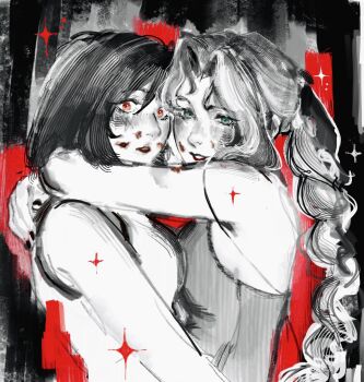 Rule 34 | 2girls, aerith gainsborough, arm around back, arms around neck, astercat, black hair, braid, couple, dress, final fantasy, final fantasy vii, final fantasy vii remake, from side, green eyes, greyscale, highres, hug, lipstick mark, lipstick mark on face, long hair, looking at viewer, looking to the side, monochrome, multiple girls, red eyes, red lips, single braid, sparkle, spot color, tank top, tifa lockhart, upper body, yuri