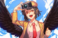 Rule 34 | 1girl, :d, bird wings, black hair, black wings, breasts, brown hat, brown jacket, camera, collared shirt, feathered wings, flat cap, hat, highres, holding, holding camera, jacket, long sleeves, looking at viewer, necktie, nyaabun, open mouth, pointy ears, red eyes, red necktie, shameimaru aya, shameimaru aya (newsboy), shirt, short hair, small breasts, smile, solo, suit jacket, touhou, upper body, white shirt, wings