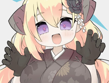 1girl :d akari_(blue_archive) akari_(new_year)_(blue_archive) black_flower black_gloves blonde_hair blue_archive blush breasts floral_print flower gloves grey_background grey_kimono hair_between_eyes hair_flower hair_ornament halo hands_up horns japanese_clothes kimono large_breasts long_hair low_twintails miranofuudoria open_mouth print_kimono purple_eyes simple_background smile solo symbol-shaped_pupils twintails x-shaped_pupils