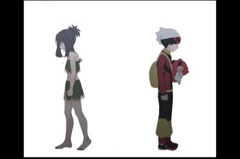 1boy 1girl armpit_crease arms_at_sides baggy_pants barefoot bikini black_hair blue_eyes blush brendan_(pokemon) brown_hair clenched_hands collarbone crying eyelashes fangs feet flat_chest full_body grass_skirt hat heel_up holding holding_unworn_clothes knees leaf_bikini legs long_sleeves looking_down may_(pokemon) medium_hair midriff navel neck nintendo no_bra no_panties official_alternate_costume ouri_(aya_pine) pants pokemon pokemon_adventures profile red_eyes revealing_clothes sad shoes short_hair sidelocks simple_background sneakers standing swept_bangs swimsuit thighs toenails toes tomboy topknot white_background