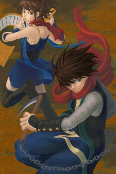 Rule 34 | 1boy, 1girl, arm wrap, black shirt, blue dress, blue eyes, blue pants, brown background, brown eyes, brown hair, chain, closed mouth, commentary request, dress, full body, hachi (kuro8383), holding, holding scroll, holding sickle, kusarigama, looking at viewer, ninja, ninja (ragnarok online), obi, open mouth, pants, ragnarok online, red scarf, sash, scarf, scroll, shirt, short hair, sickle, sleeveless, sleeveless dress, smile, vambraces, weapon