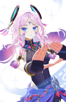 1girl absurdres aquilar armlet bare_shoulders black_gloves black_leotard blue_eyes blush braid breasts citlali_(genshin_impact) commentary cowboy_shot dutch_angle facial_mark fingerless_gloves floating_headgear forehead_mark genshin_impact gloves gold_armlet gold_bangle hair_intakes hair_tubes headgear highres jewelry leotard long_hair looking_at_viewer medium_breasts parted_bangs parted_lips pink_hair pink_pupils purple_sarong ribbed_leotard ring_hair_ornament sarong shoulder_tattoo side_braids simple_background smile solo tattoo triangle triangle_facial_mark triangle_hands twin_braids vision_(genshin_impact) white_background