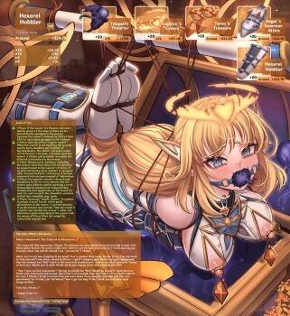 1girl absurdres armbinder arms_behind_back ball_gag bare_shoulders bdsm blonde_hair blue_eyes blush bondage bound bound_ankles bound_arms bound_legs bound_thighs bound_toes bound_torso breasts commentary dankestofdans dress english_commentary english_text facial_mark forehead_mark gag gagged gameplay_mechanics genshin_impact gold_halo highres hogtie large_breasts large_variant_set legbinder long_hair looking_at_viewer nicole_(genshin_impact) nipple_clamps nipples restrained rope shibari shibari_over_clothes solo story_in_commentary suspension treasure_chest variant_set variant_set_available very_long_hair white_dress