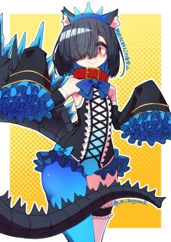 Rule 34 | 1girl, animal collar, animal ear fluff, animal ears, armpits, asymmetrical legwear, black hair, blue thighhighs, blush, cat ears, closed mouth, collar, commentary request, detached sleeves, dress, flat chest, frilled thigh strap, hair over one eye, highres, lips, lizard tail, looking at viewer, mikagura, mikagura-chan (mikagura), monster girl, orange eyes, original, red collar, short hair, signature, sleeves past fingers, sleeves past wrists, smile, solo, spiked tail, strapless, strapless dress, tail, thigh strap, thighhighs, tiara