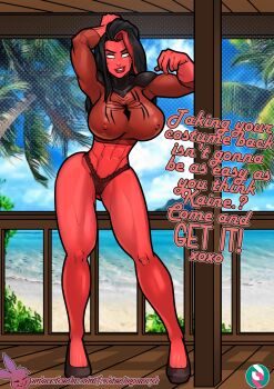 1girl absurdres alternate_costume artist_logo artist_name beach black_hair black_panties blank_eyes breasts commentary covered_erect_nipples crop_top day english_commentary english_text highres lace lace_panties large_breasts logo long_hair looking_at_viewer marvel multicolored_hair outdoors palm_tree panties rabies-t-lagomorph red_she-hulk red_shirt red_streaks shirt solo streaked_hair subscribestar_logo subscribestar_username tree underwear watermark web_address