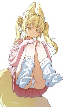 1girl animal_ear_fluff animal_ears blonde_hair fox_ears fox_girl fox_tail highres hufy jacket long_hair original panties pink_shirt shirt sitting sleeves_past_wrists socks solo tail twintails underwear white_panties yellow_eyes