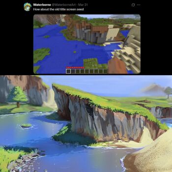 Rule 34 | artist name, benii21, cliff, commentary, english commentary, grass, highres, lake, minecraft, outdoors, painting (medium), reference inset, sand, sand dune, traditional media, tree