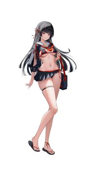 1girl absurdres adapted_costume arm_cutout bare_legs bikini black_bag black_bikini black_hair black_shrug black_skirt breasts chisa_(wuthering_waves) clothing_cutout collarbone commentary full_body hair_ribbon highres legs long_hair looking_at_viewer medium_breasts miniskirt navel neckerchief parted_lips red_eyes red_neckerchief red_ribbon ribbon sailor_collar sandals shrug_(clothing) simple_background skindentation skirt solo stomach swimsuit tacet_mark_(wuthering_waves) thigh_strap thighs toes white_background white_sailor_collar wuthering_waves yuridango