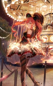 1girl amusement_park ankle_bow ankle_ribbon artist_request bare_shoulders black_bonnet black_bow black_dress black_gloves black_pantyhose black_shoes blunt_bangs bonnet bow brown_eyes carousel detached_sleeves dress feet_out_of_frame carnival_scene_(shining_nikki) frilled_gloves frilled_headwear frilled_sleeves frills game_cg gloves hat_feather highres horse light_particles lolita_fashion long_hair magic night night_sky nikki_(series) official_art one_eye_closed outdoors outstretched_hand pantyhose parted_lips pleated_dress polka_dot_sleeves puffy_short_sleeves puffy_sleeves red_hair red_sleeves ribbon ringlets see-through_pantyhose shining_nikki shoes short_dress short_sleeves sky sleeveless sleeveless_dress smile solo sonya_(shining_nikki) star_(sky) star_(symbol) starry_sky striped_clothes striped_pantyhose twintails wavy_hair