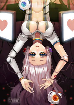 1girl bad_id bad_pixiv_id breasts cleavage doll doll_joints female_focus glados hairline heart joints large_breasts long_hair looking_at_viewer open_mouth personality_core personification portal portal_(series) portal_1 portal_2 smile solo steak20 upside-down valve white_hair yellow_eyes