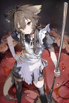 absurdres animal_ear_fluff animal_ears bandaid choker closed_mouth hair_between_eyes highres looking_at_viewer maid mop original seeshin_see standing tagme thighhighs