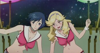 10s 1boy 2girls animated animated_gif anime_screenshot black_hair blonde_hair blue_hair blush boobies_uniform bouncing_breasts breasts candy_(space_dandy) cat cellphone choker cleavage dandy_(space_dandy) duck_face extra front-tie_top hairband honey_(space_dandy) large_breasts long_hair lowres meow_(space_dandy) multiple_girls one_eye_closed phone selfie short_hair short_shorts shorts smile space_dandy wink wrist_cuffs