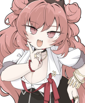 1girl :d bangle bead_bracelet beads black_skirt blue_archive blush bracelet breasts brown_eyes brown_hair cleavage collared_shirt double_bun dress_shirt fang fingernails gyaru hair_between_eyes hair_bun halo hand_on_own_hip high-waist_skirt highres horns jewelry kirara_(blue_archive) large_breasts leaning_forward long_fingernails long_hair looking_at_viewer miranofuudoria nail_polish open_mouth puffy_short_sleeves puffy_sleeves red_nails school_uniform shirt short_sleeves simple_background skirt smile solo very_long_hair white_background white_shirt