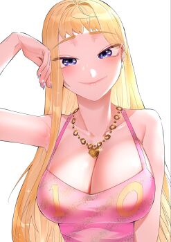 1girl bare_shoulders blonde_hair blue_eyes blush breasts cleavage dosanko_gal_wa_namaramenkoi fuyuki_minami highres ikada_kai jewelry large_breasts long_hair looking_at_viewer smile solo white_background