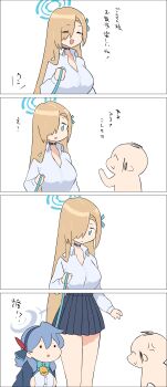 1boy 2girls :o absurdres ako_(blue_archive) asuna_(blue_archive) bell blonde_hair blue_archive blue_bow blue_bowtie blue_eyes blue_hair blue_hairband blue_halo blue_shirt blue_skirt bow bowtie breasts choker closed_eyes collared_shirt doodle_sensei_(blue_archive) hair_between_eyes hair_over_one_eye hair_ribbon hairband halo highres holding holding_leash hong_hongcha large_breasts leash long_hair long_sleeves looking_at_another looking_down multiple_girls neck_bell open_mouth pleated_skirt ribbon sensei_(blue_archive) shirt sideboob skirt smile thighs translation_request very_long_hair white_shirt