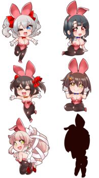 alternate_costume animal_ear_hairband animal_ears black_hair black_pantyhose blue_eyes bow bowtie breasts brown_eyes brown_hair chibi cleavage commentary_request detached_collar fake_animal_ears furutaka_(kancolle) grey_hair hairband kantai_collection kashima_(kancolle) large_breasts leotard pantyhose pink_hair playboy_bunny rabbit_ears rabbit_tail red_bow red_bowtie red_eyes red_leotard sendai_(kancolle) short_hair silhouette simple_background strapless strapless_leotard tail takao_(kancolle) twintails two_side_up udukikosuke white_background wrist_cuffs yura_(kancolle)