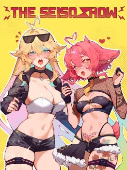 2girls ahoge animal_ears arielle_(vtuber) arm_tattoo bandaid bandaid_on_face bandaid_on_nose blonde_hair blue_eyes blush breasts chui_art cleavage commentary el_xox electrostimulation english_commentary eyewear_on_head facial_mark female_orgasm fingerless_gloves fishnet_top fishnets gloves hair_between_eyes heart heart_ahoge heart_facial_mark highres indie_virtual_youtuber jacket large_breasts long_hair lop_rabbit_ears medium_breasts multicolored_hair multiple_girls navel orgasm pink_hair pubic_tattoo rabbit_ears rainbow_hair shock_collar short_hair shorts stomach sunglasses tattoo thick_thighs thigh_strap thighs tongue tongue_out virtual_youtuber yellow_background zipper