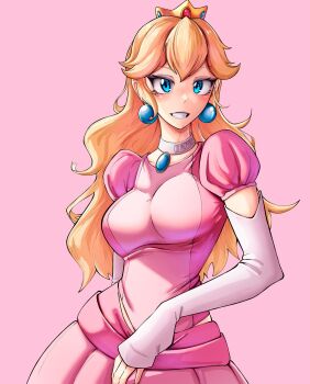Rule 34 | 1girl, blonde hair, blue eyes, breasts, commentary, cowboy shot, crown, detached sleeves, dilan griz, double-parted bangs, dress, earrings, english commentary, highres, jewelry, large breasts, long hair, looking at viewer, mario (series), nintendo, pink background, pink dress, princess peach, puffy short sleeves, puffy sleeves, short sleeves, simple background, smile, solo, sphere earrings