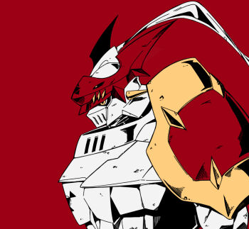 armor digimon digimon_(creature) dukemon from_side helmet knight profile red_background simple_background sin_seishun solo upper_body white_armor white_helmet yellow_eyes