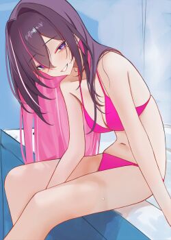 1girl :d azki_(hololive) bikini black_hair breasts colored_inner_hair crossed_bangs double-parted_bangs grin hair_between_eyes hair_intakes highres hololive indoors long_hair looking_at_viewer medium_breasts mole mole_under_eye multicolored_hair open_mouth pink_bikini pink_hair pink_streaks purple_eyes rifufu sitting smile solo streaked_hair swimsuit very_long_hair virtual_youtuber white_streaks