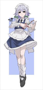 1girl apron black_shoes blue_dress blue_eyes braid commentary_request dress embodiment_of_scarlet_devil expressionless frills full_body highres holding holding_knife izayoi_sakuya knife long_sleeves maid maid_apron maid_headdress medium_hair nail_polish o_(crazyoton46) red_nails shirt shoes socks solo touhou twin_braids white_hair white_shirt white_socks