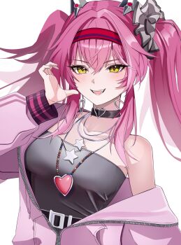 1girl absurdres black_choker blush chips_ahoy! choker collarbone commentary earrings hair_between_eyes hairband hand_up headgear heart heart_earrings highres jacket jewelry long_hair looking_at_viewer lupa_(wuthering_waves) necklace official_alternate_costume open_mouth partially_unzipped pink_hair pink_jacket red_hairband simple_background single_bare_shoulder single_off_shoulder smile solo twintails upper_body white_background wuthering_waves yellow_eyes zinuzinuman2