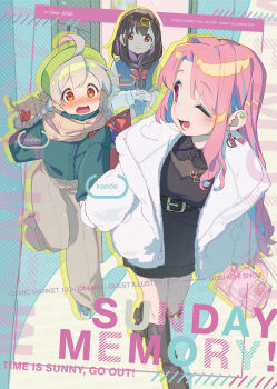 3girls absurdres ahoge artist_name bag beanie belt belt_buckle black_belt black_dress black_hair blue_hair blush boots bow bowtie braid breasts buckle cardigan_vest character_name cleavage closed_mouth coat collared_dress commentary_request dress ear_piercing earrings front_braid fur_coat goshichi_shoji green_sweater hair_bow hair_ornament hairclip handbag hat heart heart_necklace highres holding_hands hozuki_kaede jewelry long_sleeves looking_at_another medium_breasts multicolored_hair multiple_girls necklace one_eye_closed onii-chan_wa_oshimai! open_mouth oyama_mahiro oyama_mihari pants piercing pink_hair plaid_clothes plaid_scarf pulling red_bow red_bowtie red_eyes scarf see-through_clothes see-through_cleavage shawl shirt shoes shopping_bag smile sneakers strapless strapless_dress streaked_hair sweater tube_dress twin_braids walking white_hair