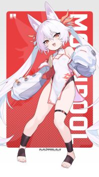 1girl :d animal_ear_fluff animal_ears artist_name bare_shoulders blush border breasts china_dress chinese_clothes chinese_commentary cleavage_cutout clothing_cutout commentary_request cropped_jacket double-parted_bangs dress fangs feet fox_ears fox_girl full_body hair_between_eyes highres jacket long_hair long_sleeves looking_at_viewer multicolored_jacket nail_polish off_shoulder open_clothes open_jacket open_mouth original outside_border outstretched_arm pelvic_curtain pg_(pege544) puffy_long_sleeves puffy_sleeves purple_hair red_eyes red_jacket red_nails red_trim short_eyebrows skindentation sleeveless sleeveless_dress sleeves_past_fingers sleeves_past_wrists small_breasts smile solo standing text_background thick_eyebrows thigh_strap toenail_polish toenails toes twintails two-sided_fabric two-sided_jacket two-tone_jacket very_long_hair white_border white_dress white_jacket