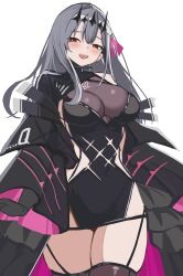 Rule 34 | 1girl, :d, black dress, black gloves, black ribbon, blush, breasts, cleavage, detached sleeves, diadem, dress, gloves, goddess of victory: nikke, grey hair, hair ribbon, large breasts, long hair, marian (nikke), modernia (nikke), modernia (second affection) (nikke), open mouth, red eyes, ribbon, see-through, see-through cleavage, simple background, skindentation, smile, solo, thighs, wabimochi, white background