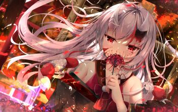 1girl aizawa_(aizawatsu) bare_shoulders flower highres hololive horns japanese_clothes long_hair multicolored_hair nakiri_ayame red_eyes red_hair spider_lily virtual_youtuber white_hair white_horns