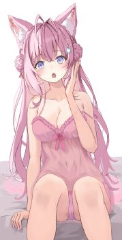 1girl :o absurdres animal_ear_fluff antenna_hair arm_at_side arm_support armpit_crease babydoll bed_sheet blush bow bow_babydoll braid braided_bun breasts cameltoe choppy_bangs cleavage collarbone commentary_request crotch_seam crown_braid double_bun fang feet_out_of_frame frilled_babydoll frills hair_bun hakui_koyori hand_up hexagon_hair_ornament highres hololive large_breasts long_hair looking_at_viewer mons_pubis navel no_pants on_bed open_mouth panties pink_babydoll pink_bow pink_hair pink_panties purple_eyes see-through_babydoll see-through_clothes simple_background sitting solo stomach straight-on tonton_utaro two_side_up underwear very_long_hair virtual_youtuber white_background