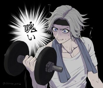 1boy anger_vein aotsuki_eito black_background black_headband blue_eyes clenched_teeth dumbbell exercising grey_hair headband male_focus seiran_yoroz shirt short_hair simple_background solo sweat teeth the_hundred_line_-last_defense_academy- towel towel_around_neck twitter_username weightlifting white_shirt
