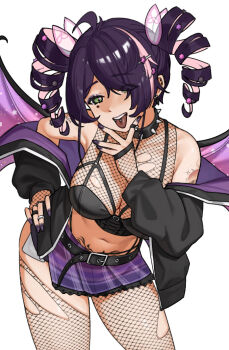 1girl :d alternate_costume alternate_eye_color alternate_hair_color animal_collar antenna_hair armpit_crease armpits asymmetrical_bangs bare_shoulders belt belt_buckle bent_over black_belt black_bustier black_collar black_jacket black_panties black_trim black_wings breasts buckle bustier cleavage collar collarbone colored_inner_hair commentary commission contrapposto cowboy_shot dot_nose drill_hair ear_piercing earrings english_commentary exposed_pocket eyebrows_hidden_by_hair eyeliner eyes_visible_through_hair facial_mark facial_tattoo fashion_style_request fingerless_gloves fingernails fishnet_gloves fishnet_pantyhose fishnet_top fishnets frilled_skirt frills gloves green_eyes grin hair_ornament hair_over_one_eye hairclip half-closed_eyes half-skirt hand_on_own_chin hand_on_own_hip head_tilt highleg highleg_panties ichika_maia indie_virtual_youtuber jacket jewelry karassawa large_breasts leaning_forward leaning_to_the_side leather_belt legs_apart long_eyelashes long_fingernails long_hair long_sleeves looking_at_viewer makeup merchandise_available microskirt midriff multicolored_hair multiple_piercings multiple_rings narrowed_eyes navel o-ring_strap off_shoulder open_clothes open_hand open_jacket open_mouth panties panty_straps pantyhose parted_bangs piercing pink_hair pink_streaks plaid_clothes plaid_skirt pubic_tattoo puffy_long_sleeves puffy_sleeves purple_eyeliner purple_hair purple_jacket purple_nails purple_skirt purple_wings raised_eyebrows raised_inner_eyebrows ring shoulder_tattoo sidelocks simple_background single_hair_streak skirt smile solo spiked_collar spikes spread_wings standing star_(symbol) star_facial_mark star_hair_ornament star_tattoo straight-on streaked_hair stud_earrings studded_belt tattoo teeth thick_eyelashes thick_thighs thighs tongue tongue_out tongue_piercing torn_clothes torn_pantyhose tsurime twin_drills two-sided_fabric two-sided_jacket two-tone_hair two-tone_wings underwear virtual_youtuber white_background wide_hips wing_hair_ornament wings
