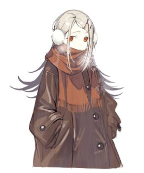 Rule 34 | 1girl, absurdres, breath, brown coat, brown scarf, closed mouth, coat, earmuffs, flipped hair, gakuen idolmaster, grey hair, hair ornament, hairclip, hands in pockets, highres, idolmaster, kosh, long hair, long sleeves, looking at viewer, orange eyes, parallel hairclips, parted bangs, scarf, shinosawa hiro, simple background, solo, standing, upper body, white background, wide sleeves, winter clothes