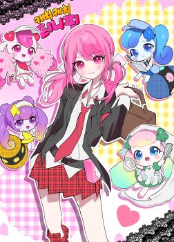 Rule 34 | 1girl, absurdres, amulet clover, amulet clover (cosplay), amulet dia, amulet dia (cosplay), amulet heart, amulet heart (cosplay), amulet spade, amulet spade (cosplay), blush, catch! teenieping, cheerleader, clover hair ornament, club (shape), club hair ornament, cosplay, diamond hair ornament, fluffyping (catch! teenieping), guardian chara, hair ornament, heart, heart hair ornament, heartsping (catch! teenieping), highres, hinamori amu, hinamori amu (cosplay), jellyping (catch! teenieping), jitae9787, korean text, leg warmers, long hair, long sleeves, looking at viewer, magical girl, necktie, open mouth, pink hair, plaid clothes, plaid leg warmers, plaid legwear, pom pom (cheerleading), romi (catch! teenieping), school uniform, seiyo academy school uniform, shashaping (catch! teenieping), shirt, shugo chara!, skirt, smile, spade (shape), spade hair ornament, twintails, visor cap