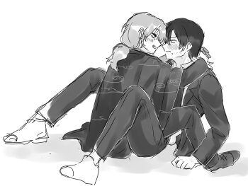 2boys absurdres alternate_costume amputee angry annoyed arm_support arms_around_neck arms_on_another's_shoulder beard_stubble between_legs blush clenched_teeth cloud_print coat collared_shirt dress_shirt ear_blush embarrassed eye_contact face-to-face facial_hair formal_clothes from_side full_body gregor_(project_moon) greyscale grin hair_between_eyes highres hug imminent_kiss jacket joints kikkoinu knees_up kurokumo_clan_(identity)_(project_moon) lapels limbus_company long_hair long_sleeves looking_at_another low_ponytail male_focus mechanical_arms monochrome multiple_boys neck_tattoo necktie nervous nervous_sweating notched_lapels official_alternate_costume open_clothes open_coat pants parted_bangs parted_lips ponytail project_moon prosthesis prosthetic_arm reclining shadow shirt shoes simple_background single_mechanical_arm sitting sitting_on_person sketch smile smirk spread_legs straddling stubble suit suit_jacket sweat sweatdrop tattoo tattoo_on_neck teeth vest white_background yaoi