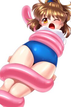 1girl arle_nadja arms_at_sides arms_behind_back bdsm blue_buruma blue_scrunchie blush bondage bound bound_arms bound_legs breasts brown_hair buruma clenched_hand clenched_hands female_focus gym_shirt gym_uniform hair_ornament half_updo highres legs legs_together loli madou_monogatari nipples one_eye_closed open_mouth perky_breasts puyopuyo restrained scrunchie shirt short_sleeves simple_background skin_tight skindentation small-breasts solo struggling sweetsprite swept_bangs tentacles thigh_gap thighs tongue white_background white_shirt yellow_eyes
