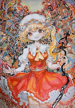 1girl ascot blonde_hair blush comkdom crystal flandre_scarlet hat highres laevatein_(touhou) looking_at_viewer mob_cap multicolored_wings psychedelic red_eyes side_ponytail skirt smile solo touhou traditional_media wings