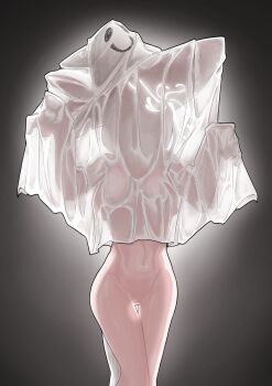 1girl 743_(743rd_bat) absurdres blue_archive commentary covered_navel eri_(blue_archive) ghost_costume ghost_pose halloween_costume hat highres naked_costume see-through_clothes see-through_silhouette sheet_ghost side_halo solo symbol-only_commentary thigh_gap tilted_halo witch_hat