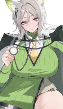 1girl animal_ear_fluff animal_ears arknights blue_eyes breasts cat_ears chunta coat coat_on_shoulders collared_shirt commentary cowboy_shot crossover expressionless faust_(project_moon) green_sweater grey_hair hair_between_eyes hair_intakes hair_ornament highres holding holding_stethoscope kal&#039;tsit_(arknights) kemonomimi_mode large_breasts limbus_company looking_at_viewer medium_hair necktie parted_lips project_moon ribbed_sweater shirt simple_background solo stethoscope sweater turtleneck turtleneck_sweater white_background white_coat white_shirt wing_collar yellow_necktie