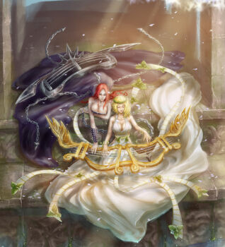 1girl alternate_costume alternate_eye_color alternate_hair_color alternate_hairstyle bare_shoulders blonde_hair bracelet breasts chain cleavage closed_eyes dress dual_persona etwahl female_focus instrument jewelry large_breasts league_of_legends light_smile long_hair lying mismist muse_sona pentakill_(league_of_legends) pentakill_sona red_hair sash short_hair sitting solo sona_(league_of_legends) spiked_bracelet spikes wreath