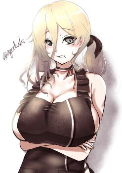 Rule 34 | 1girl, absurdres, agodashi, apron, arms under breasts, black apron, blonde hair, breasts, cleavage, commentary request, crossed arms, frilled apron, frills, grey eyes, hair between eyes, highres, kantai collection, large breasts, low ponytail, mole, mole under eye, mole under mouth, naked apron, official alternate costume, ponytail, richelieu (kancolle), solo, twitter username