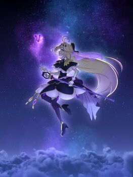 Rule 34 | 1girl, absurdres, antenna hair, black capelet, blonde hair, brooch, bug, butterfly, capelet, closed mouth, commentary, cure arcana shadow, diamond hairband, english commentary, frilled capelet, frilled cuffs, frills, hair intakes, highres, holding, holding rod, insect, jewelry, jhon lozano, long hair, magical girl, meitantei precure!, midair, moria luluka, night, precure, purple veil, purple wrist cuffs, rod, sky, star (sky), starry sky, tear arcana rod, veil, very long hair, wrist cuffs